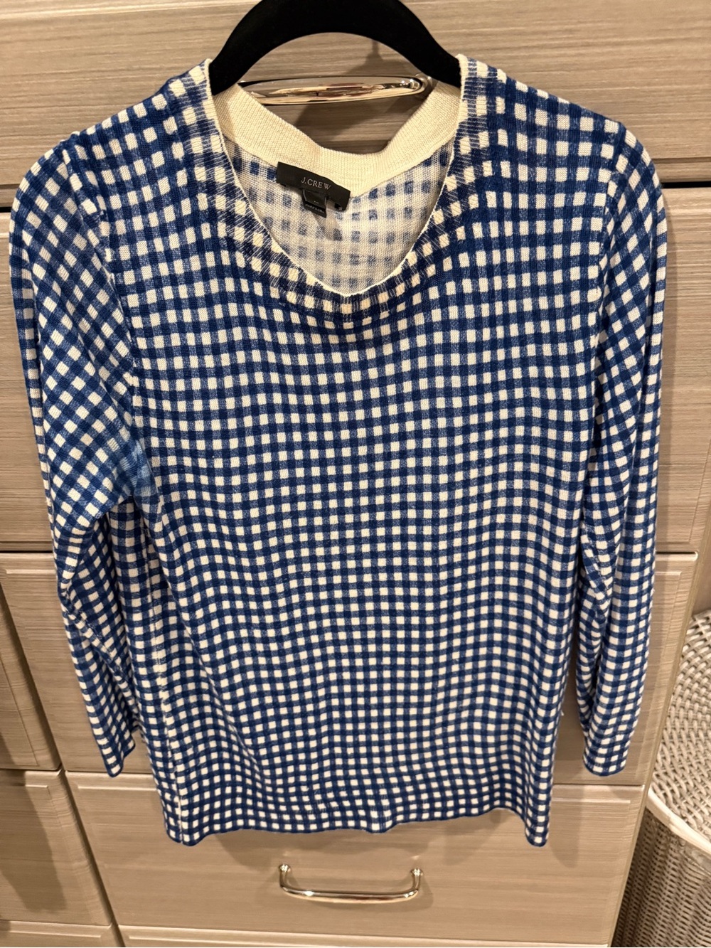 J. Crew Blue and White Gingham Long-Sleeve wool sweater